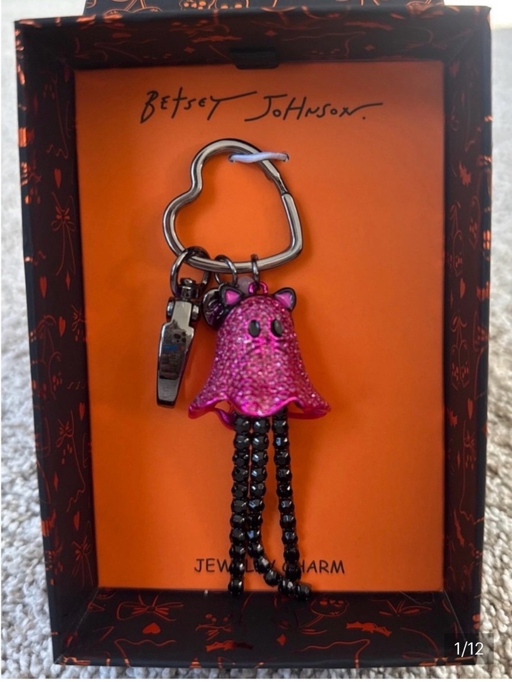 Betsey Johnson Hot Pink Crystal Ghost Keychain with Black Tassels